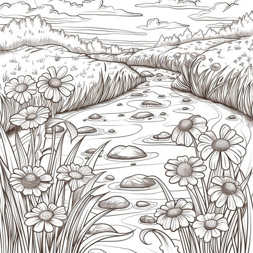 Meadow with wildflowers and stream. Coloring book page – IMAGELLA