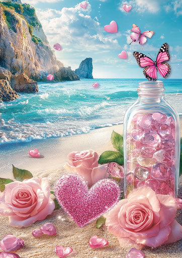 3D diamond painting of heart beach roses butterfly sea