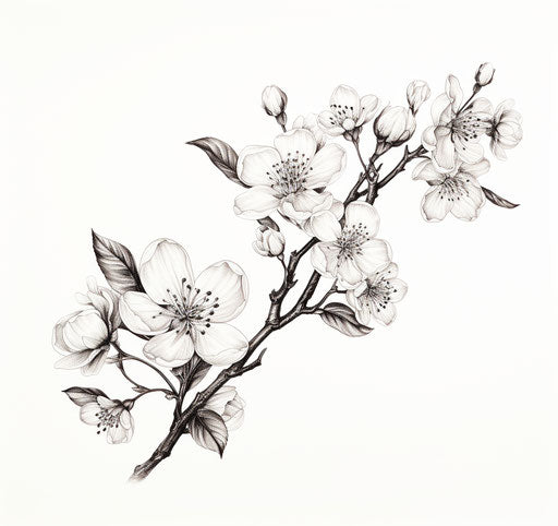 Floral branch drawing in black and white lith style