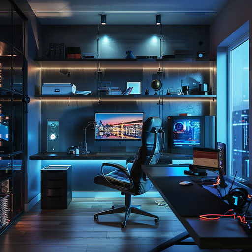 Tech-savvy home office with latest gadgets and adjustable lighting