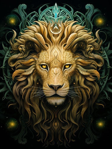 Lion face with artistic pattern, light yellow and emerald