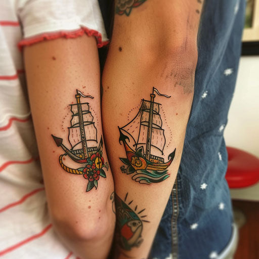 Couple tattoo with classic anchor and ship, steadfast love