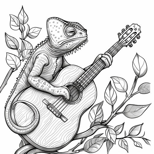 A whimsical chameleon playing a guitar on a branch