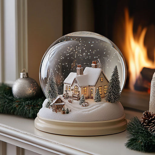 Snowy village in a snow globe on the mantelpiece