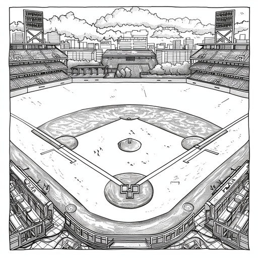 Detailed illustration of a baseball diamond with bases and outfield. Coloring book page
