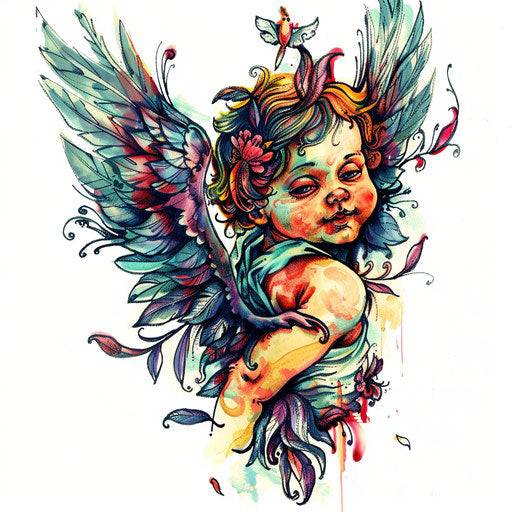 Whimsical cherub tattoo with fantasy elements on white