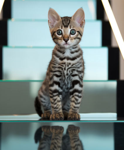 Bengal kitten on carpet stairs, light teal and light maroon, mirrored