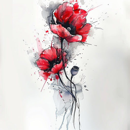 Contemporary poppy tattoo design with abstract elements