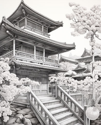 Japanese-style building and flowers drawing, mythological realism
