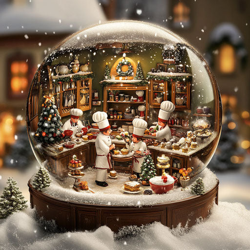 A bustling holiday kitchen in a snow globe