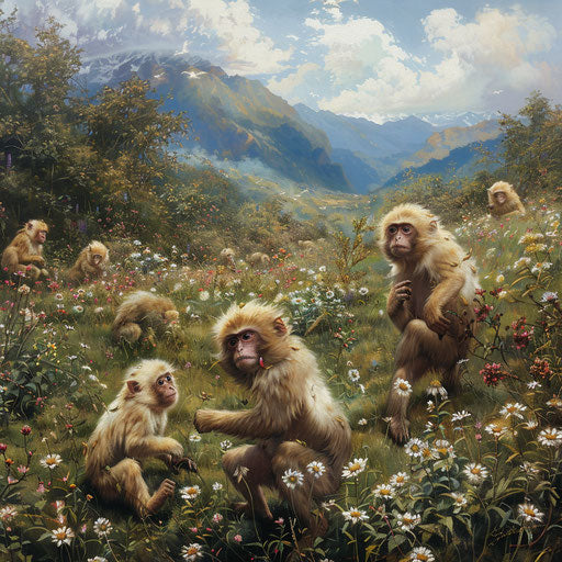 Playful group of Yunnan snub-nosed monkeys in a wildflower meadow