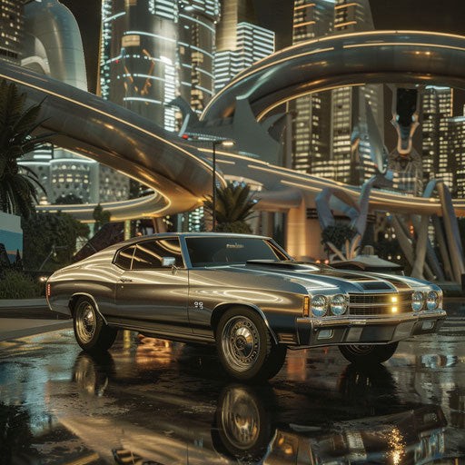 Modern silver Chevelle in front of futuristic cityscape
