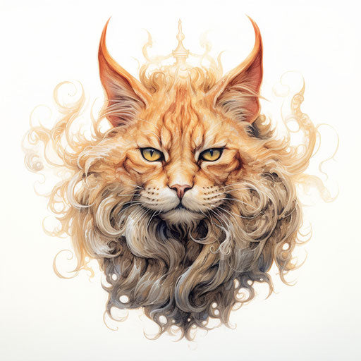 Long haired curly horned cat, massurrealism style, French realism