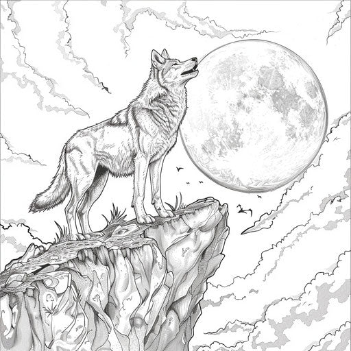 Wolves howling on a cliff under a full moon