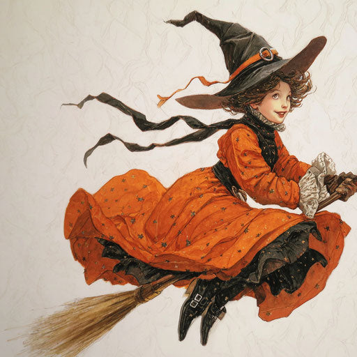 Dynamic Young Witch Flying with Vibrant Attire