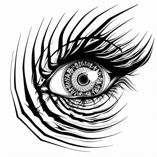 Hypnotic spiral eye, abstract flat tattoo sketch in black and white