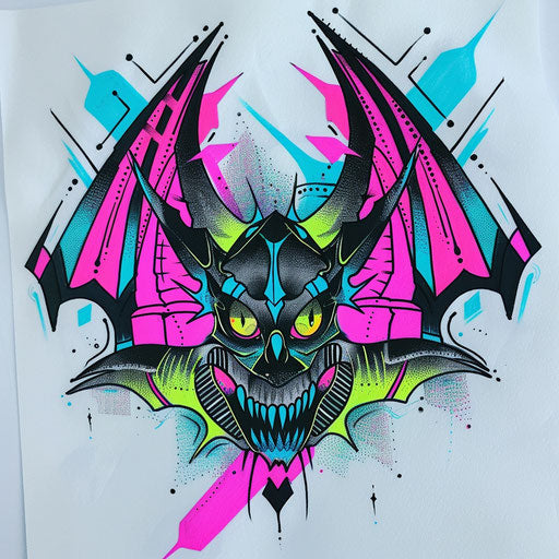 Retro Tattoo Sketch of a Batok Motif Inspired by 1980s Graphics with Neon Colors