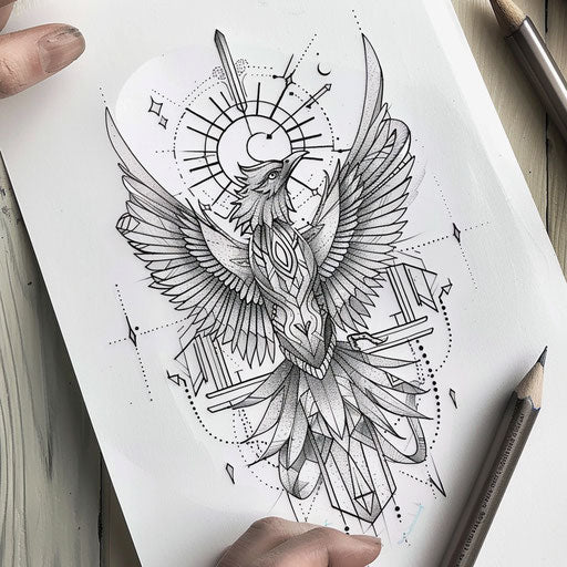 Geometric tattoo sketch of a phoenix rising on white background