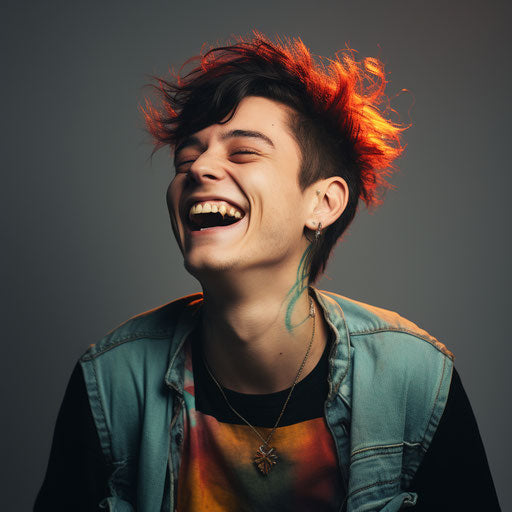 Man laughing at camera, edgy and dreamy style