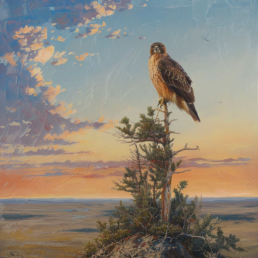 Swainson's hawk perched on rugged pine at dawn