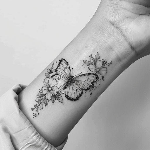 Sketch of a graceful butterfly with floral elements for wrist coverup tattoo for women