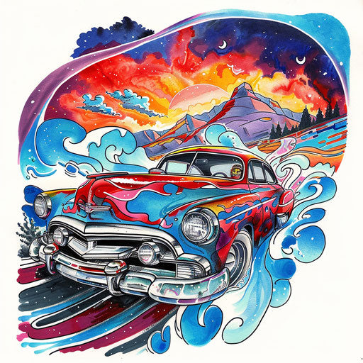 Playful tattoo sketch of vintage car on road trip in vivid reds and blues
