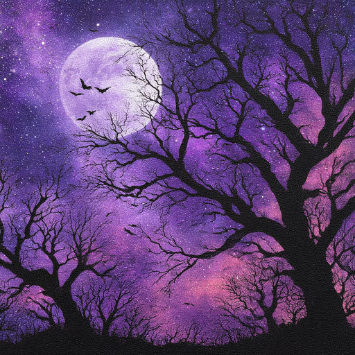 Bright full moon over a dark, mystical night sky