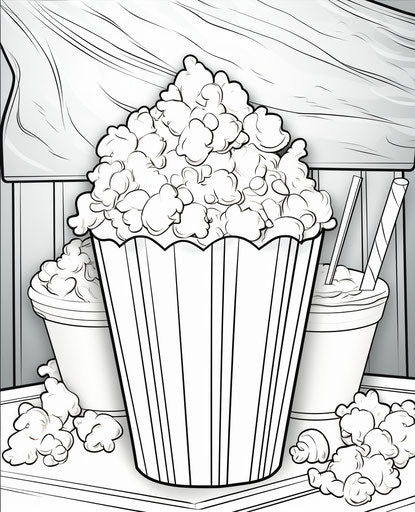 Popcorn coloring pages, captivating style, expressionistic depictions