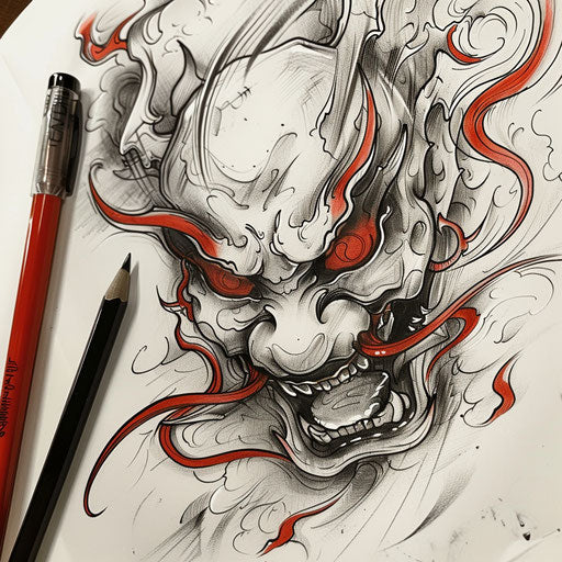 Dynamic flat tattoo sketch of a Hannya mask with swirling, fiery breath