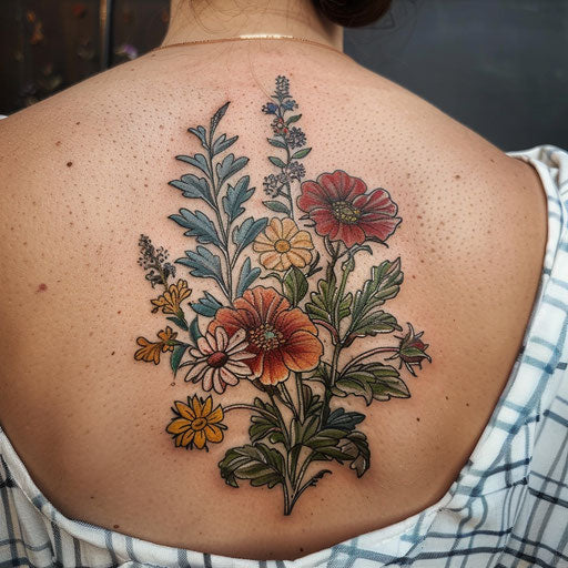 Vintage wildflower tattoo, muted colors, aged look, nostalgic feel