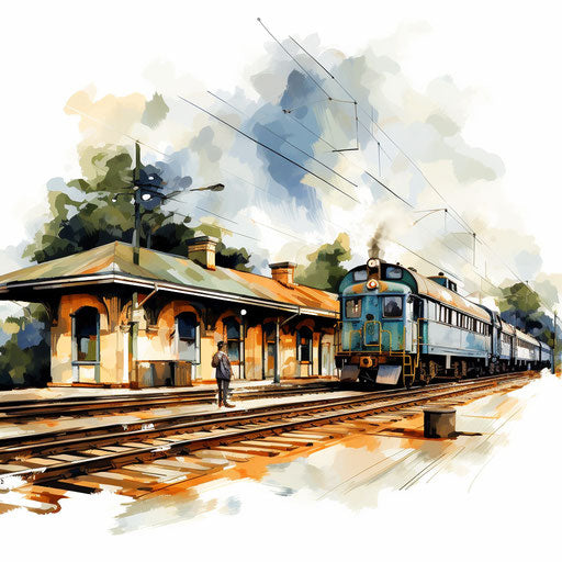 Train station clipart in the style of oil painting