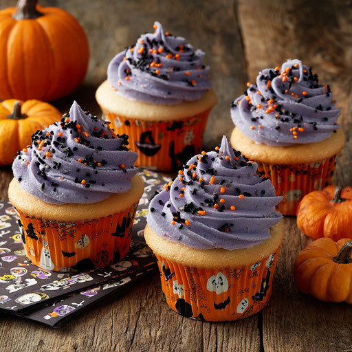 Spooky cupcakes with purple swirls and pumpkins