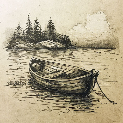 Rustic flat tattoo sketch of an old wooden boat on a tranquil lake
