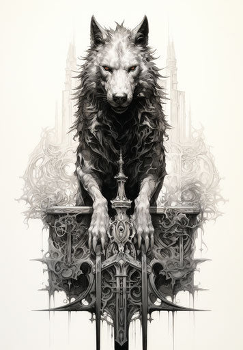 Wolf on a stallion's head, intricate gothic pencil work
