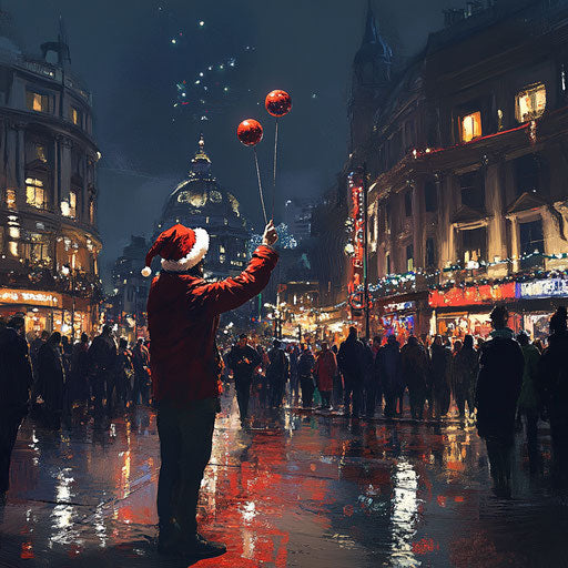 Street performer juggling with a Santa hat in a bustling city