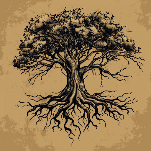 Rustic tattoo sketch of an ancient tree with wide roots, earth tones, clipart style