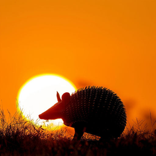 A solitary armadillo silhouetted against the setting sun in the savannah