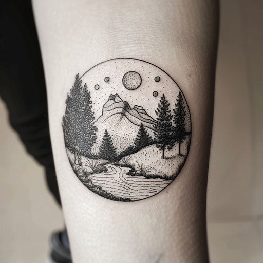 Whimsical flat tattoo sketch of a dot-based landscape scene