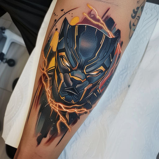 Black panther tattoo with lightning effect, radiating power, on a stormy white background.