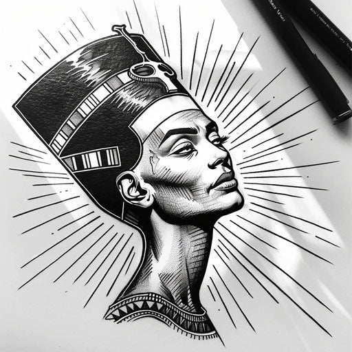 Vibrant flat tattoo sketch of Nefertiti with rays of sunlight