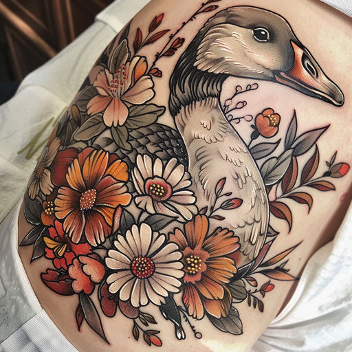 Dynamic sketch of a goose surrounded by spring blooms