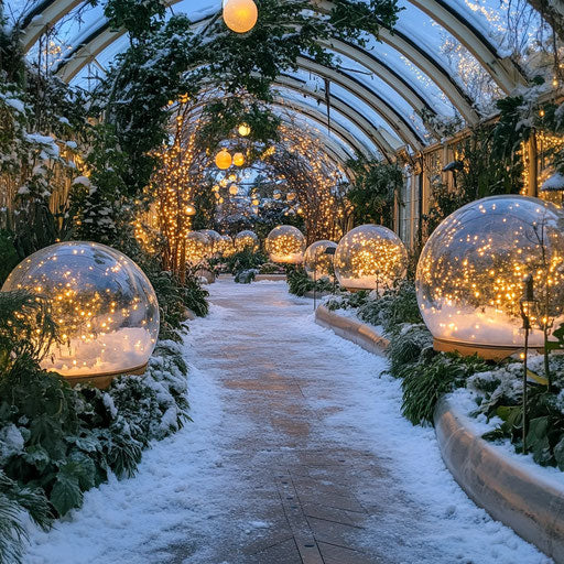 Winter botanical garden with luminous snow globes