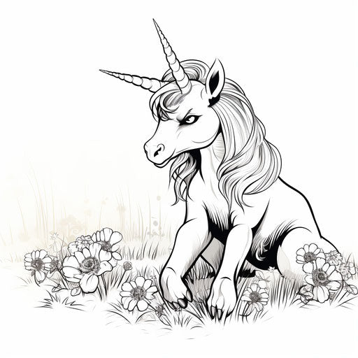 Coloring page of a cute unicorn, bruce timm style