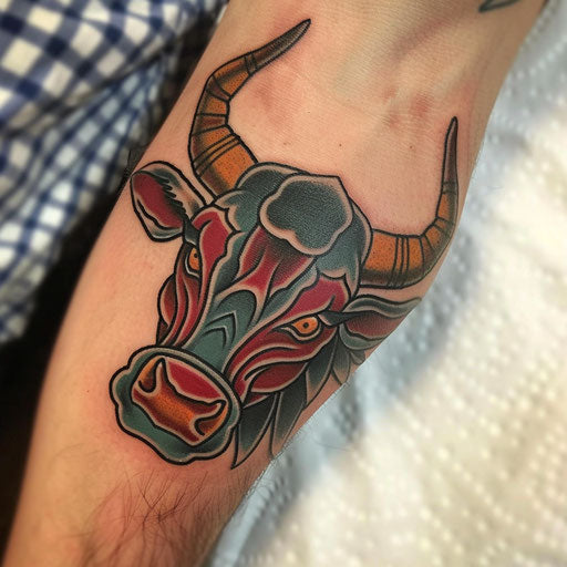 Drawing of a traditional American bull tattoo on a pure white base