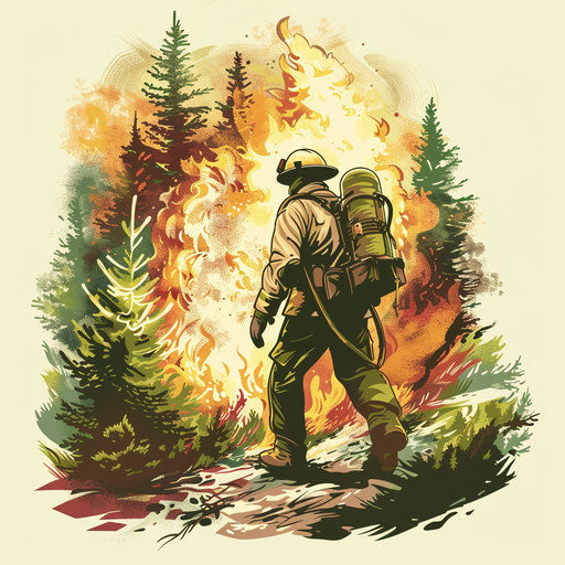 Flat tattoo sketch of firefighter battling forest fire in earth tones