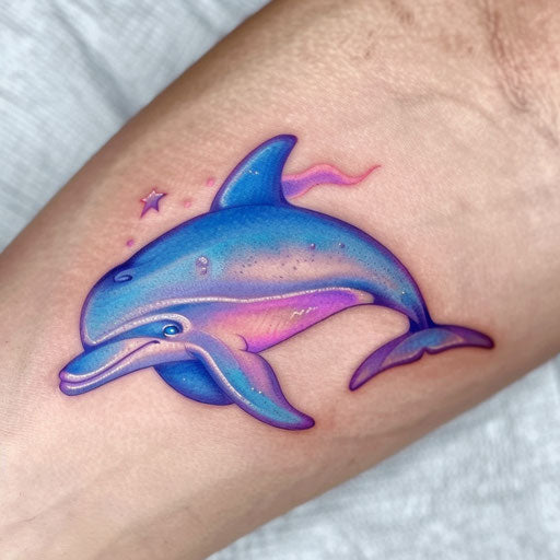 Bright blue and purple neon dolphin tattoo on white background