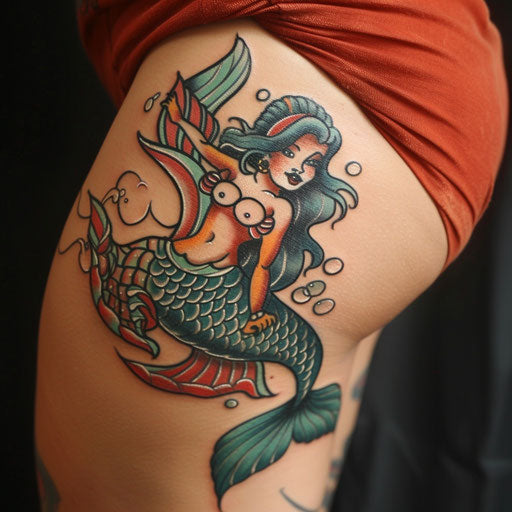 Hip tattoo of a mermaid, Sailor Jerry style