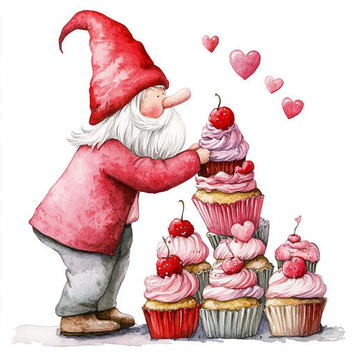 Gnome baking Valentine's Day cupcakes