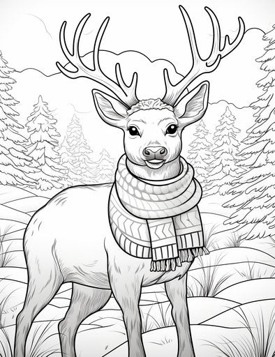 Reindeer coloring page with scarf and hat, delicate style