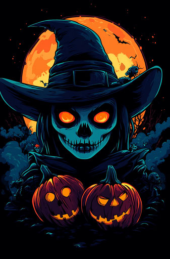 Witch with black hat and pumpkins under crescent moon